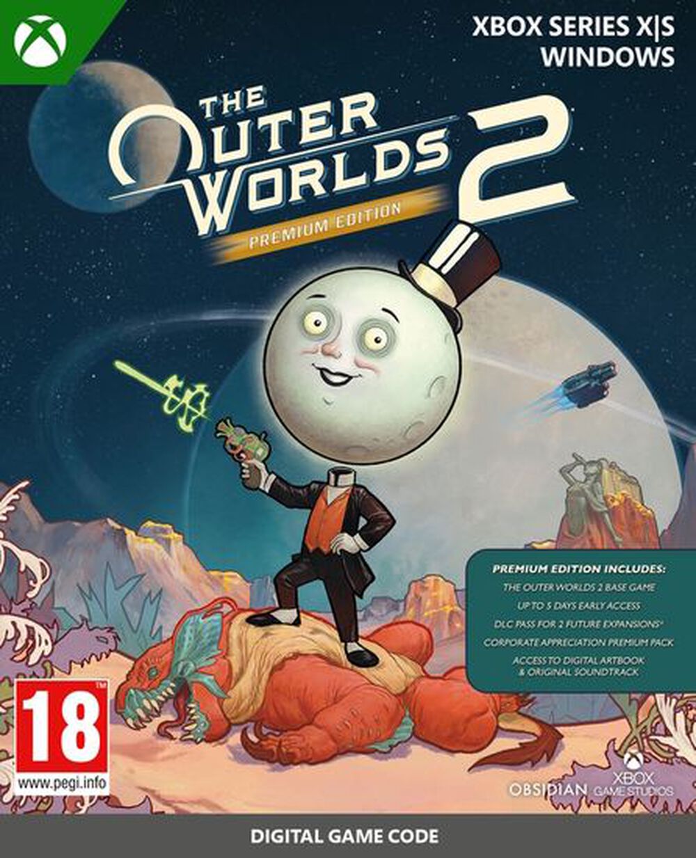 Pochette avant du jeu The Outer Worlds 2 Premium Edition Code in a Box Xbox Series XS