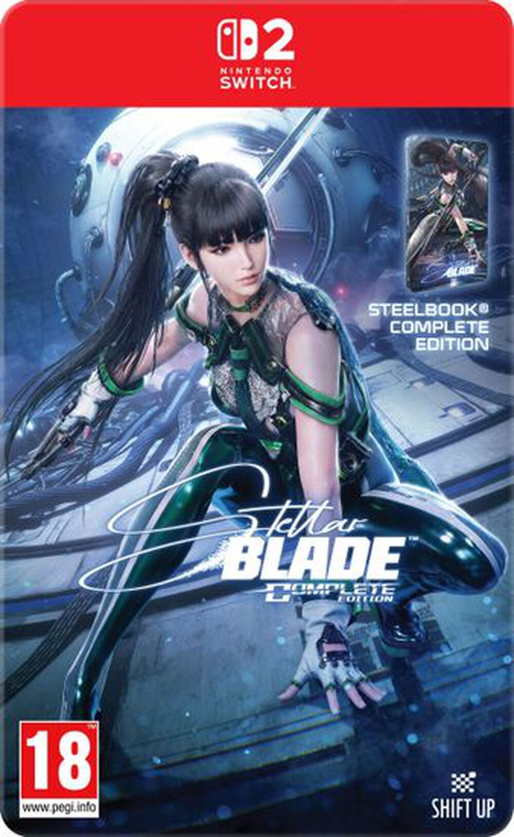 Jaquette de Stellar Blade Complete Steelbook Edition sur Nintendo Switch 2 avec EVE et le visuel du Steelbook.